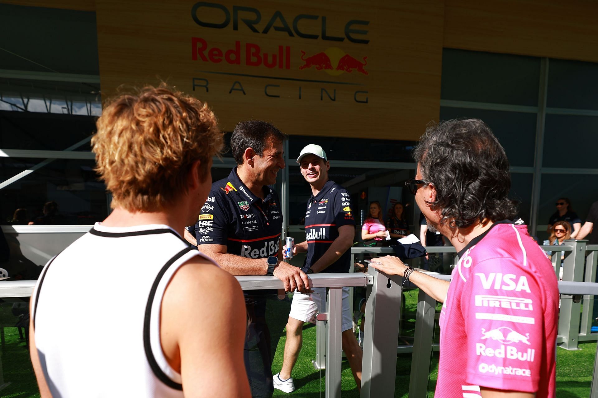(L-R) Liam Lawson, Red Bull Technical Director - Pierre Wache, Max Verstappen, and Laurent Mekies at Miami. Source: Getty